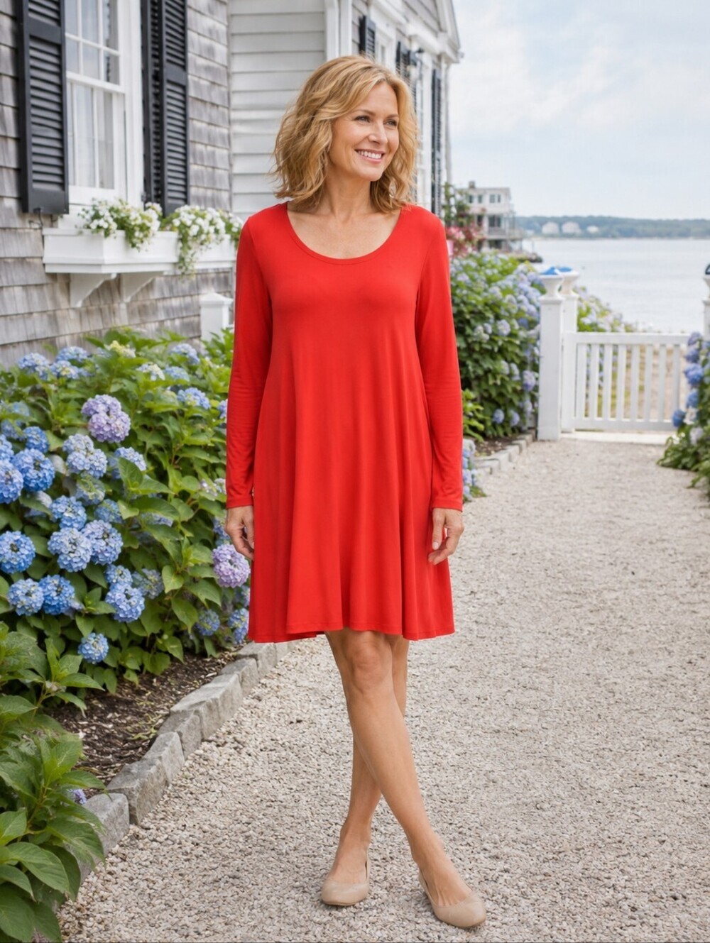 Eileen Fisher red orange long sleeve knit tunic dress